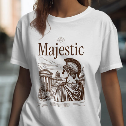 White t-shirt with 'Majestic' design featuring a classical illustration of a woman in a helmet and ancient architecture.