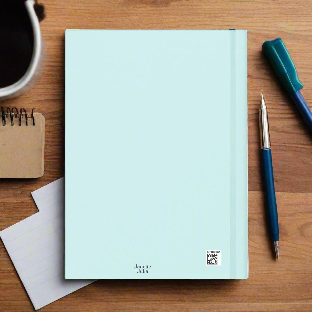 Light blue notebook with a brand logo on a white background