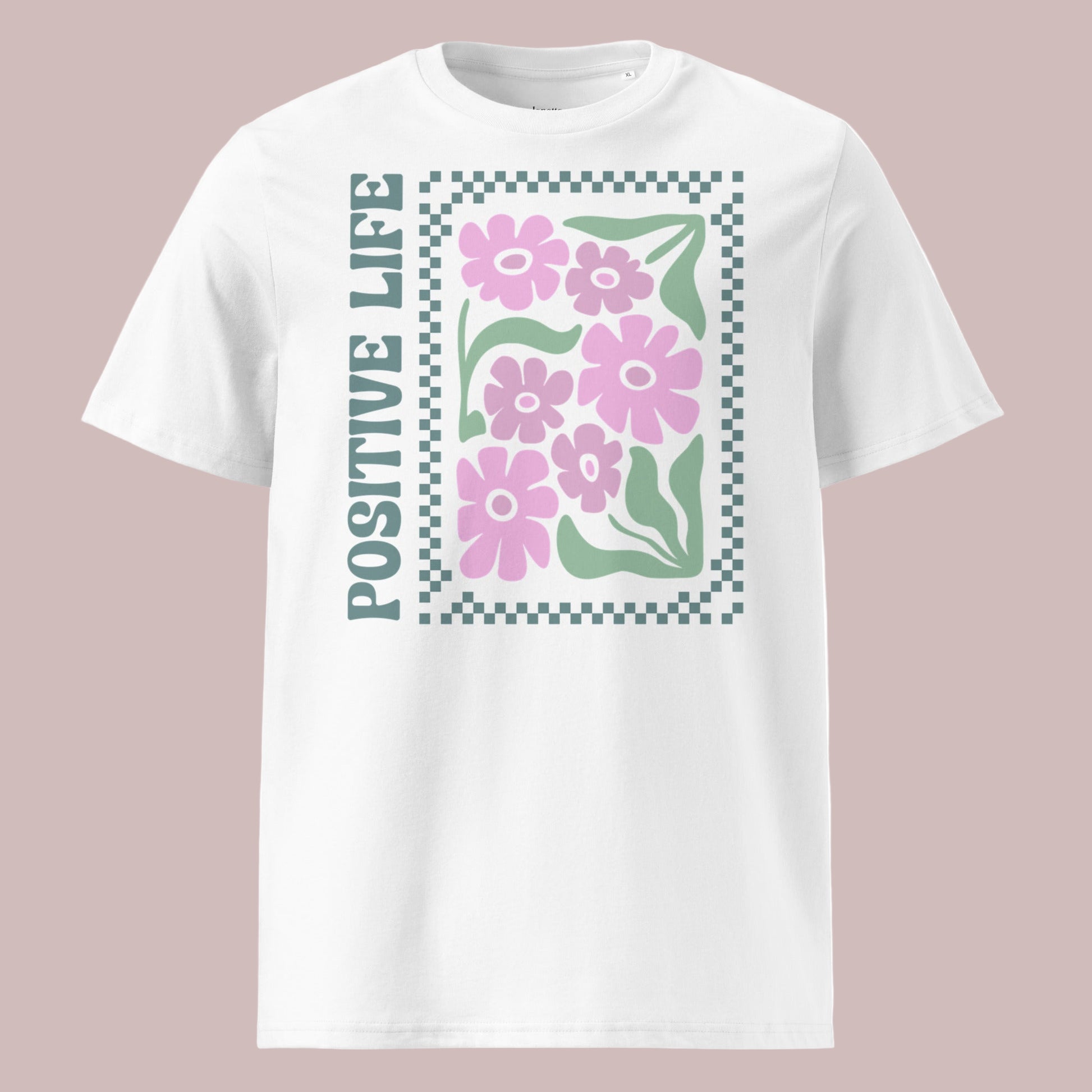 White t-shirt with pink flowers and 'Positive Life' text on a white background