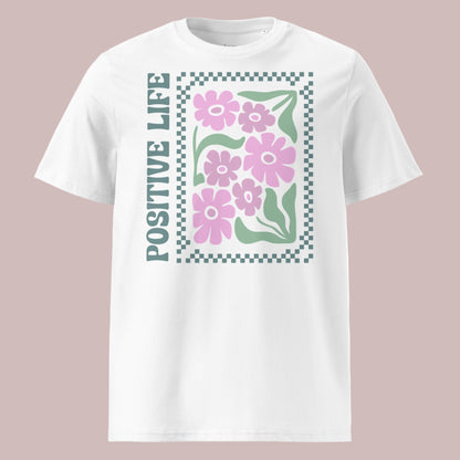 White t-shirt with pink flowers and 'Positive Life' text on a white background